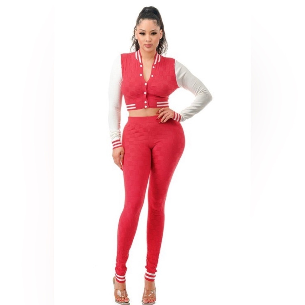 Raspberry Two Piece Varsity Knit Jacket High Waisted Knit Leggings Set